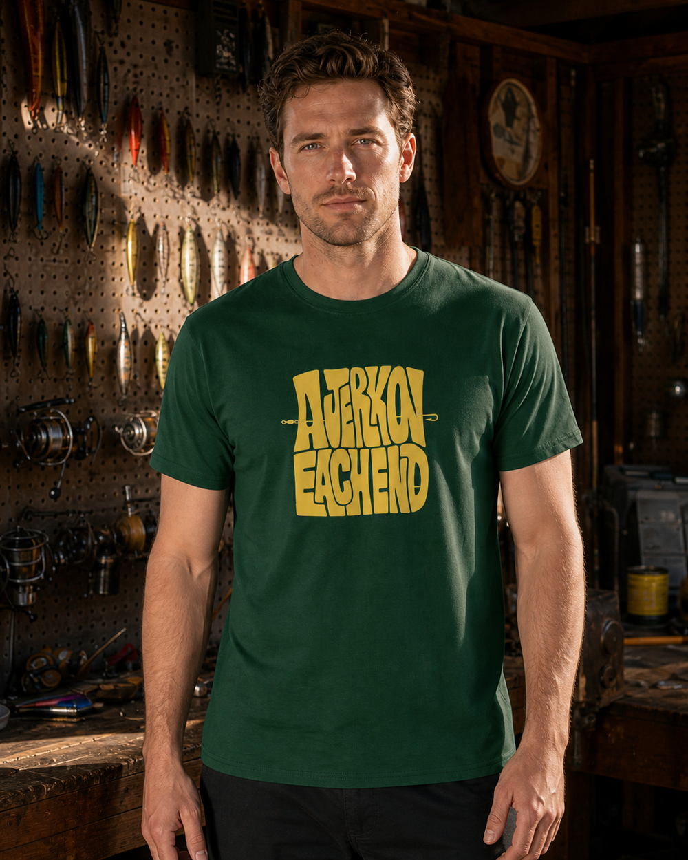 A Jerk On Each End tee — forest, worn, front