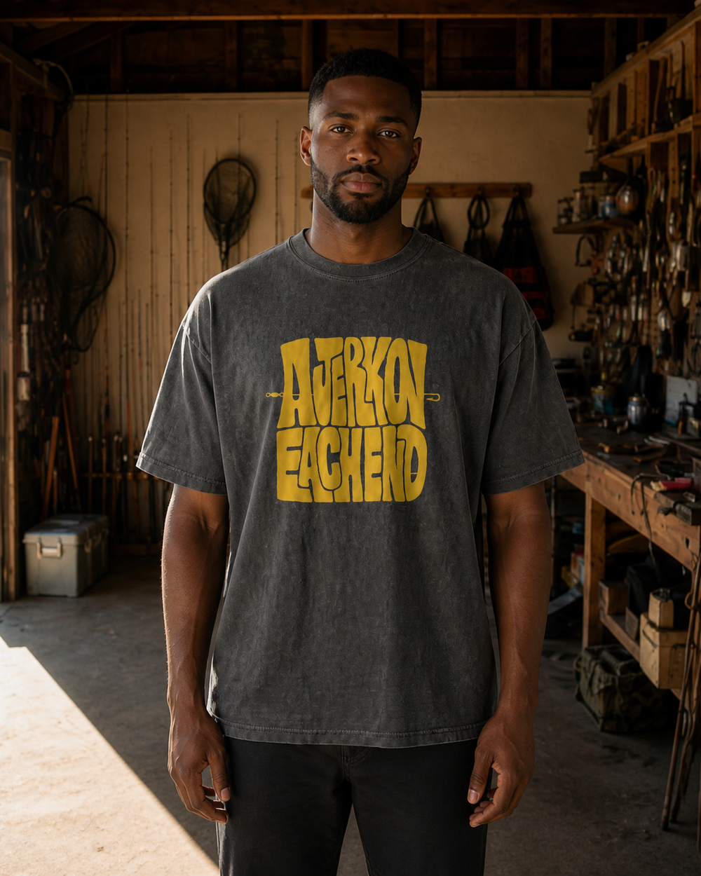 A Jerk On Each End washed tee — washed black, worn, front