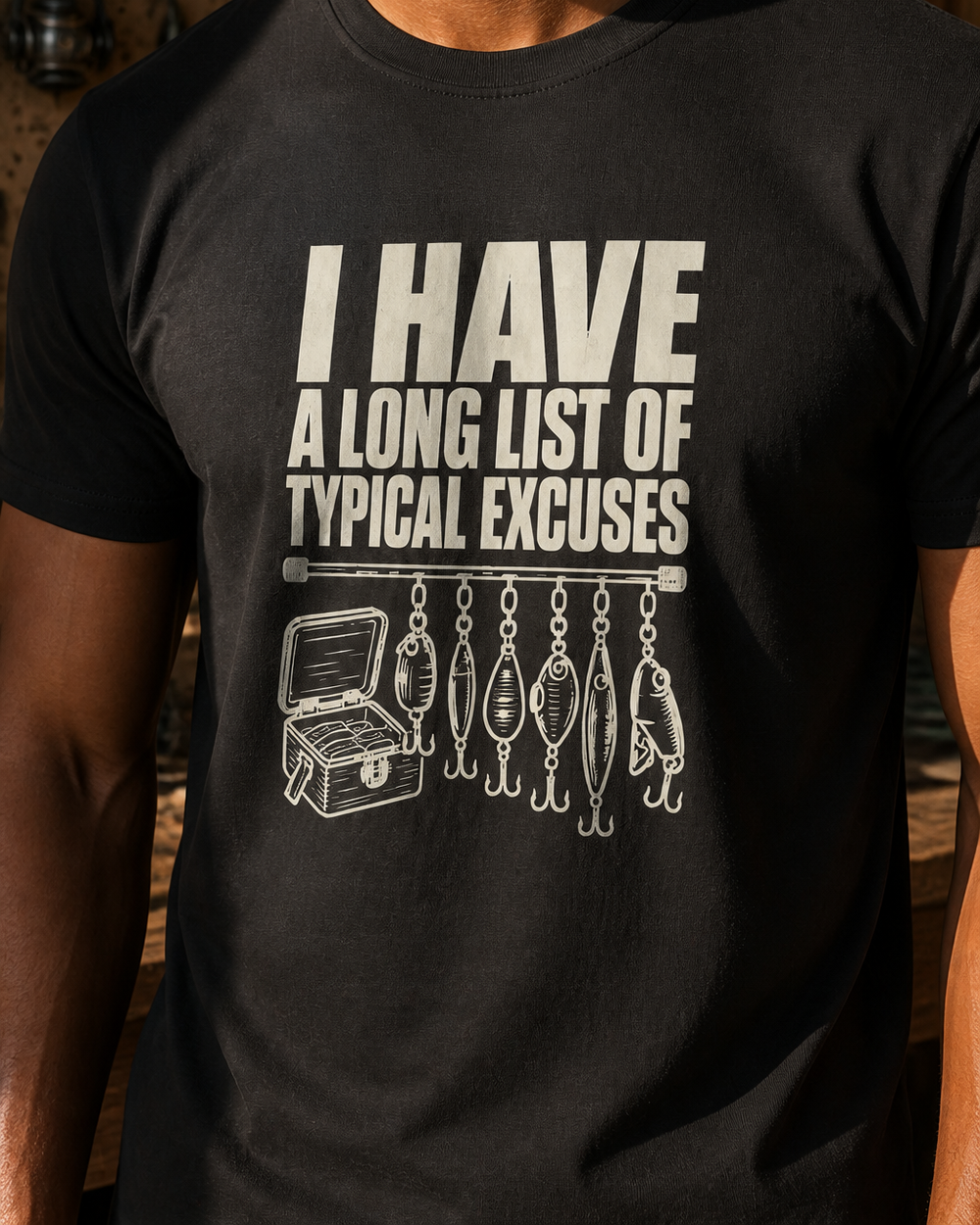 A Long List of Typical Excuses tee — black, worn, side