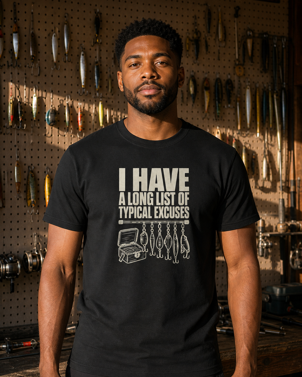 A Long List of Typical Excuses tee — black, worn, front