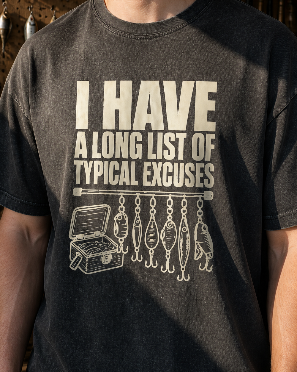 A Long List of Typical Excuses washed tee — washed black, worn, side