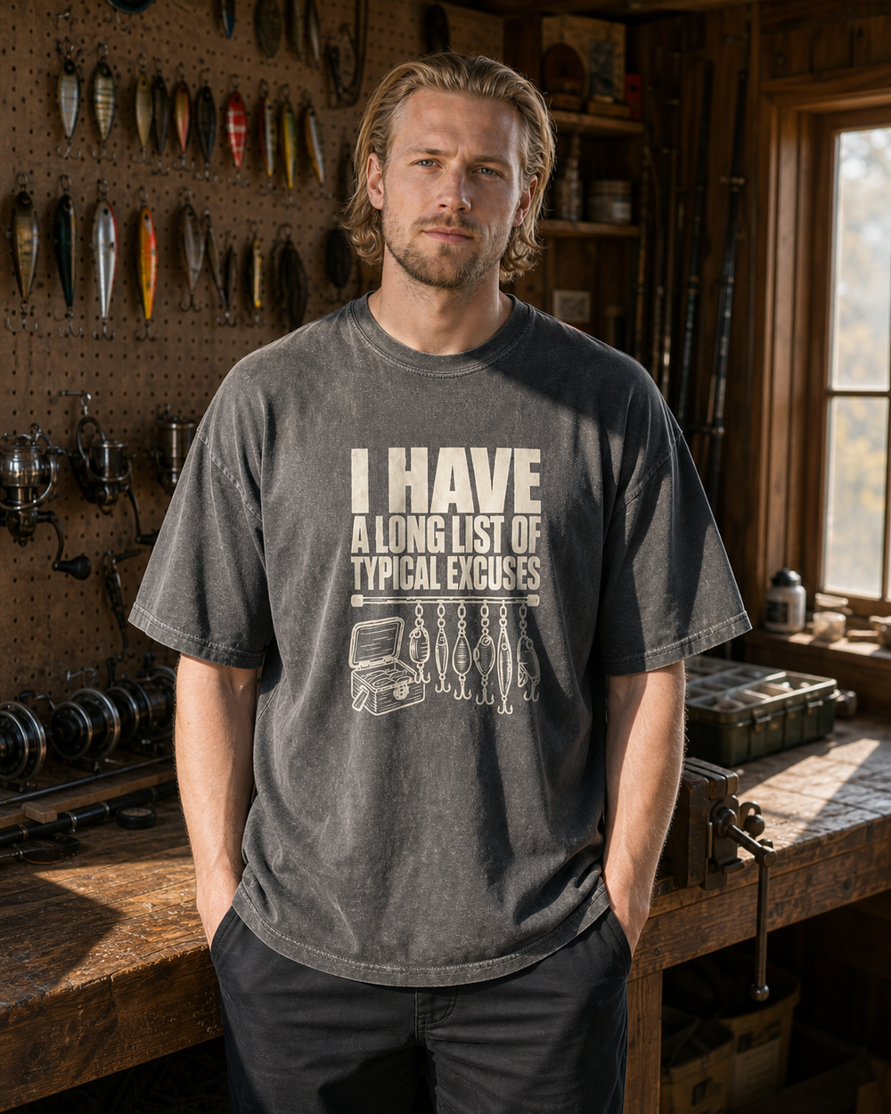 A Long List of Typical Excuses washed tee — washed black, worn, front