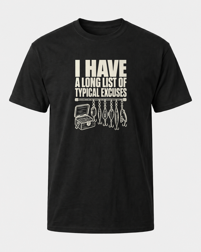 A Long List of Typical Excuses tee — black, front
