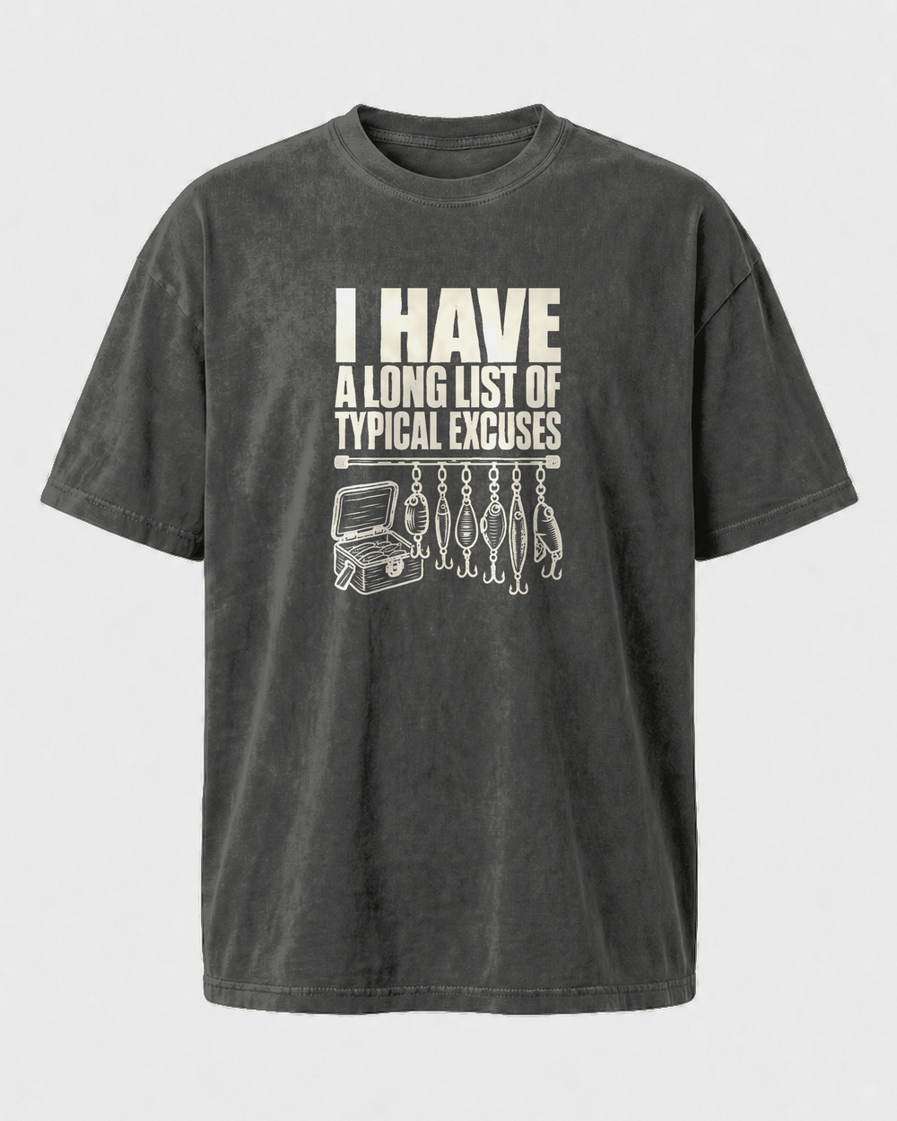 A Long List of Typical Excuses washed tee — washed black, front