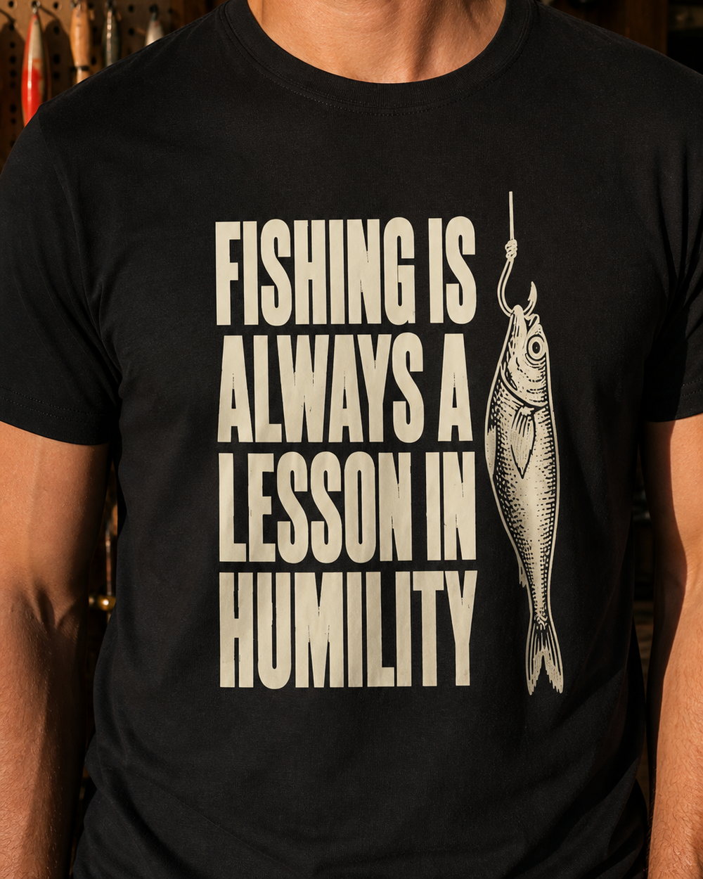 Always a Lesson in Humility tee — black, worn, side