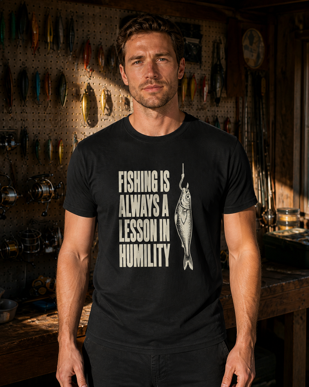 Always a Lesson in Humility tee — black, worn, front