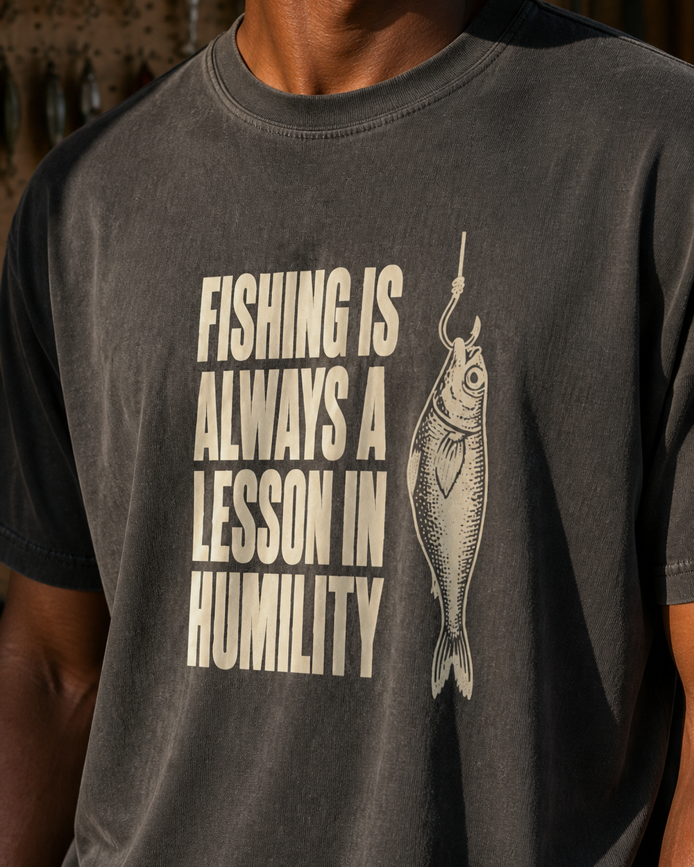 Always a Lesson in Humility washed tee — washed black, worn, side