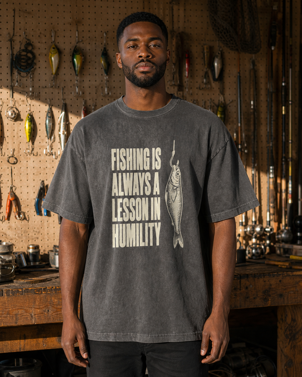 Always a Lesson in Humility washed tee — washed black, worn, front