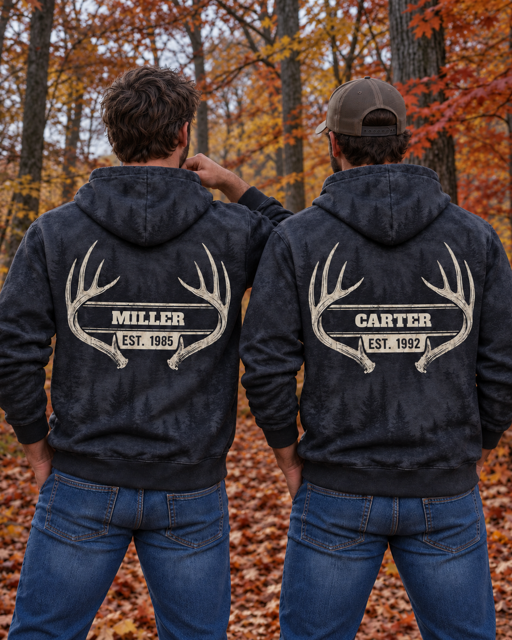 Antler Family Crest All-Over Print Hoodie — two people, back