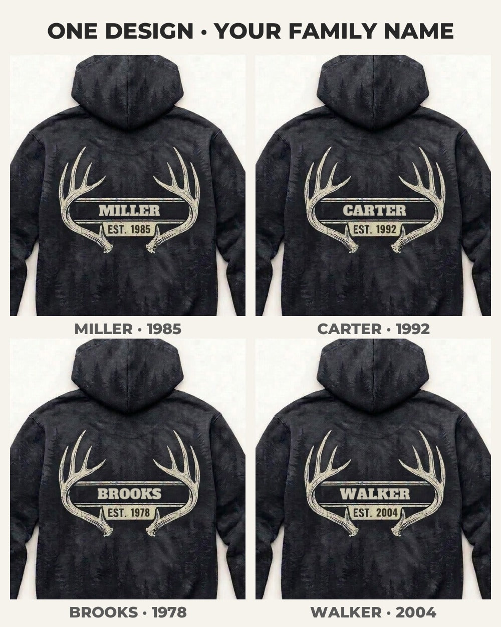 Antler Family Crest All-Over Print Hoodie — four versions