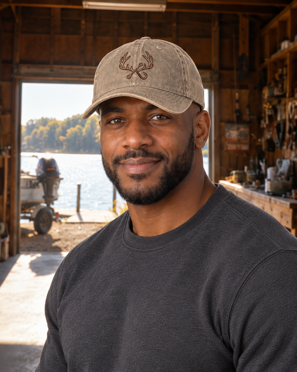 Antler & Hook Embroidered Hat — Beige — worn