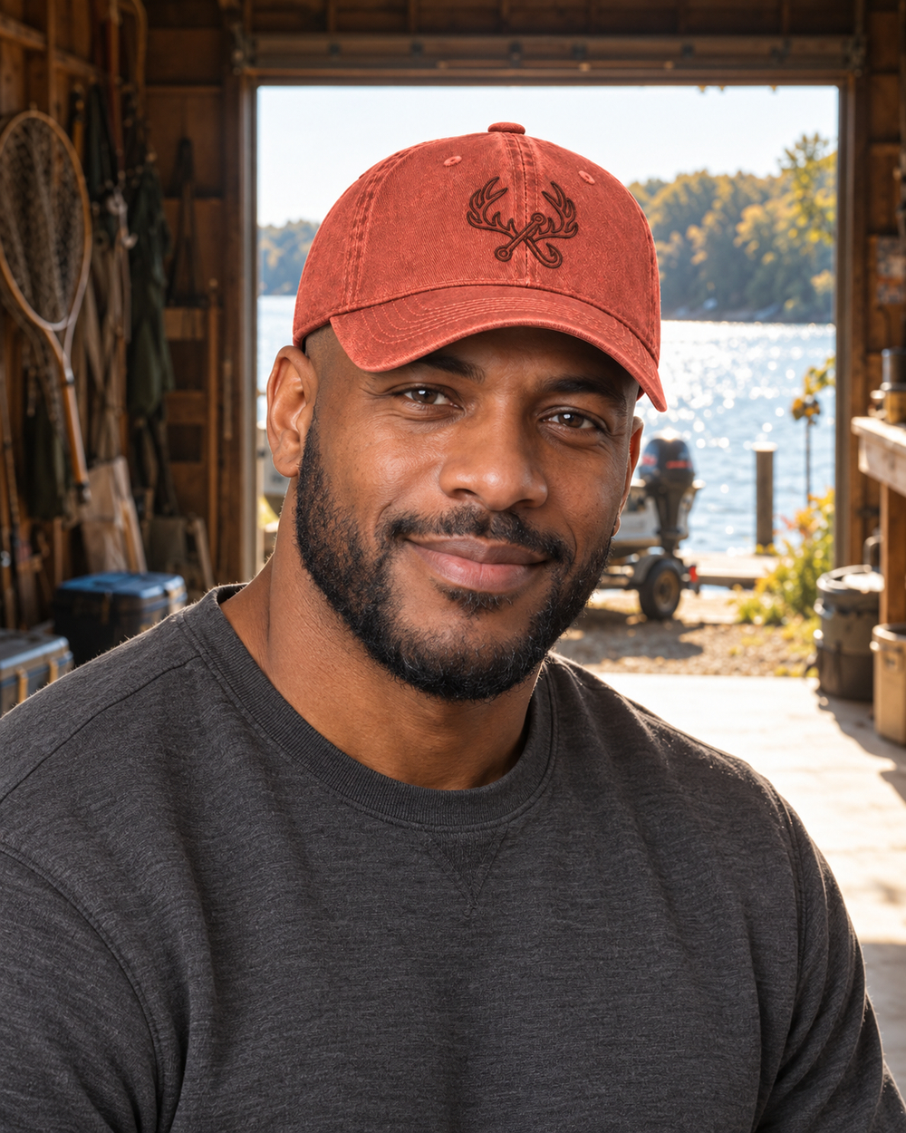Antler & Hook Embroidered Hat — Orange — worn
