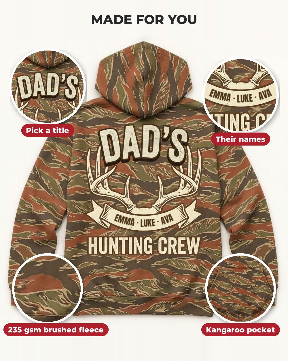 Antler Hunting Crew Custom Names All-Over Print Hoodie — details