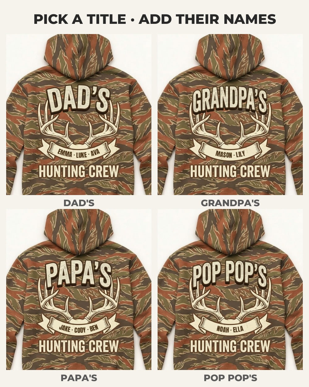 Antler Hunting Crew Custom Names All-Over Print Hoodie — four versions