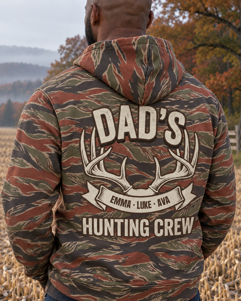 Antler Hunting Crew Custom Names All-Over Print Hoodie — model back angle