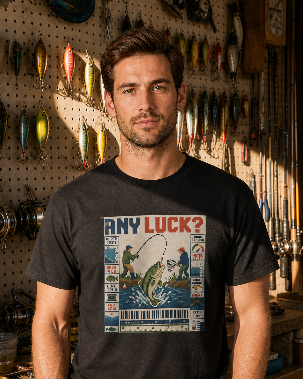 Any Luck? tee — black, worn, front