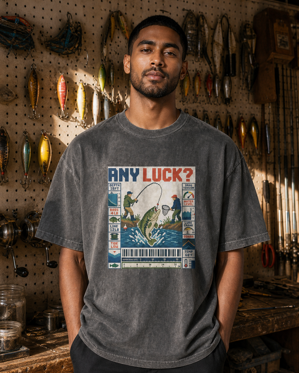 Any Luck? washed tee — washed black, worn, front