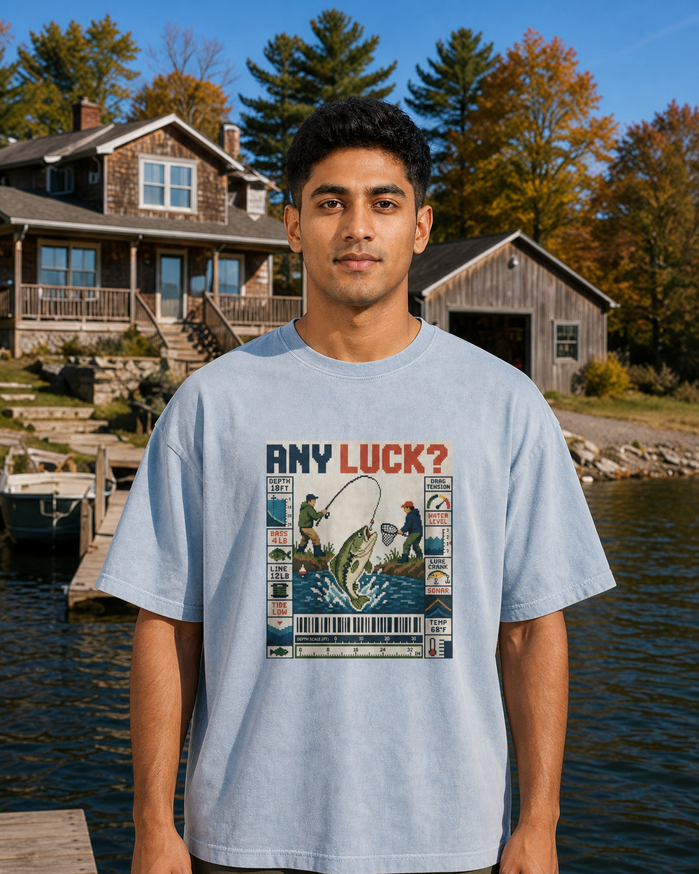 Any Luck? washed tee — washed light blue, worn, front