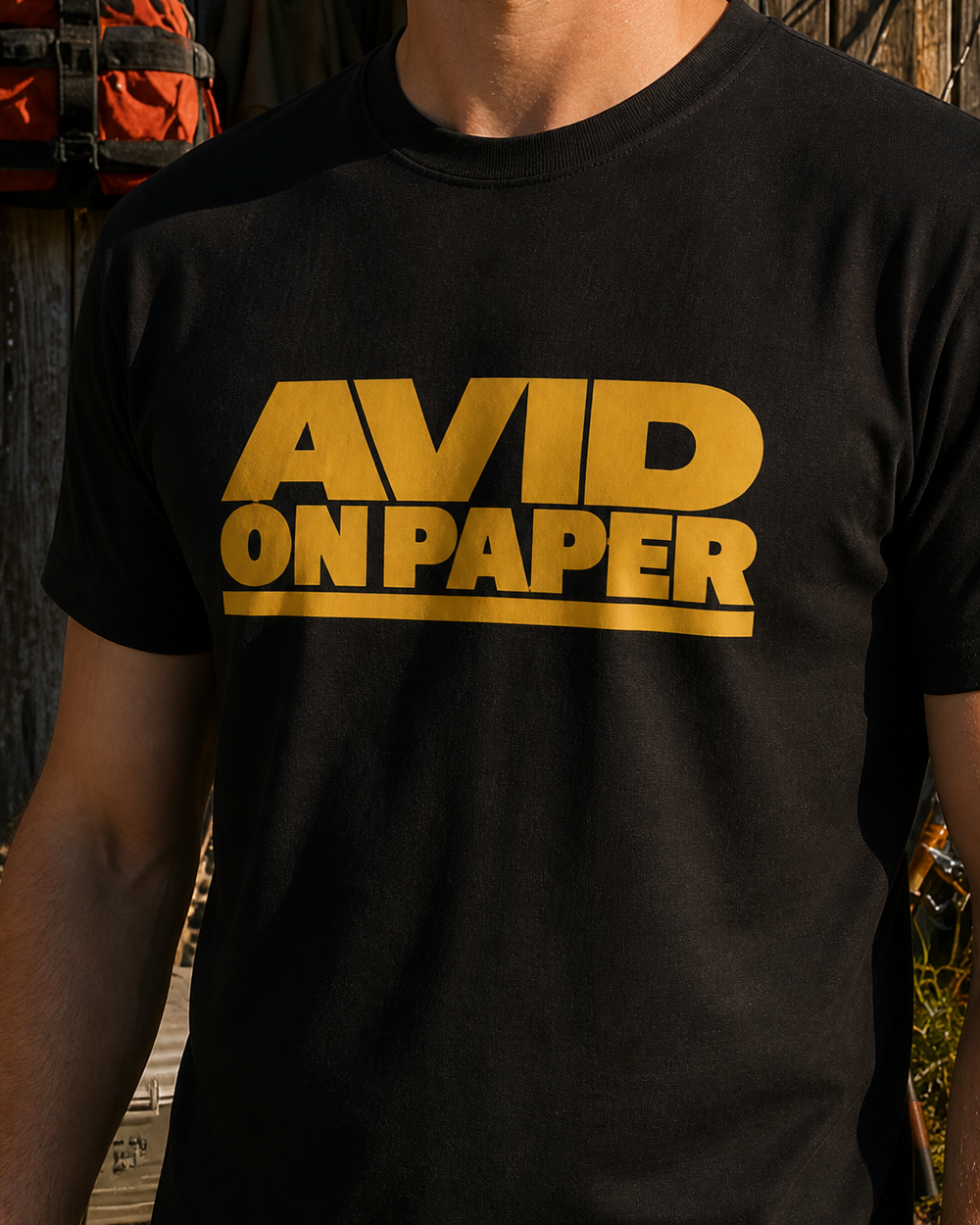 Avid On Paper — Heavy Type tee — black, worn, side