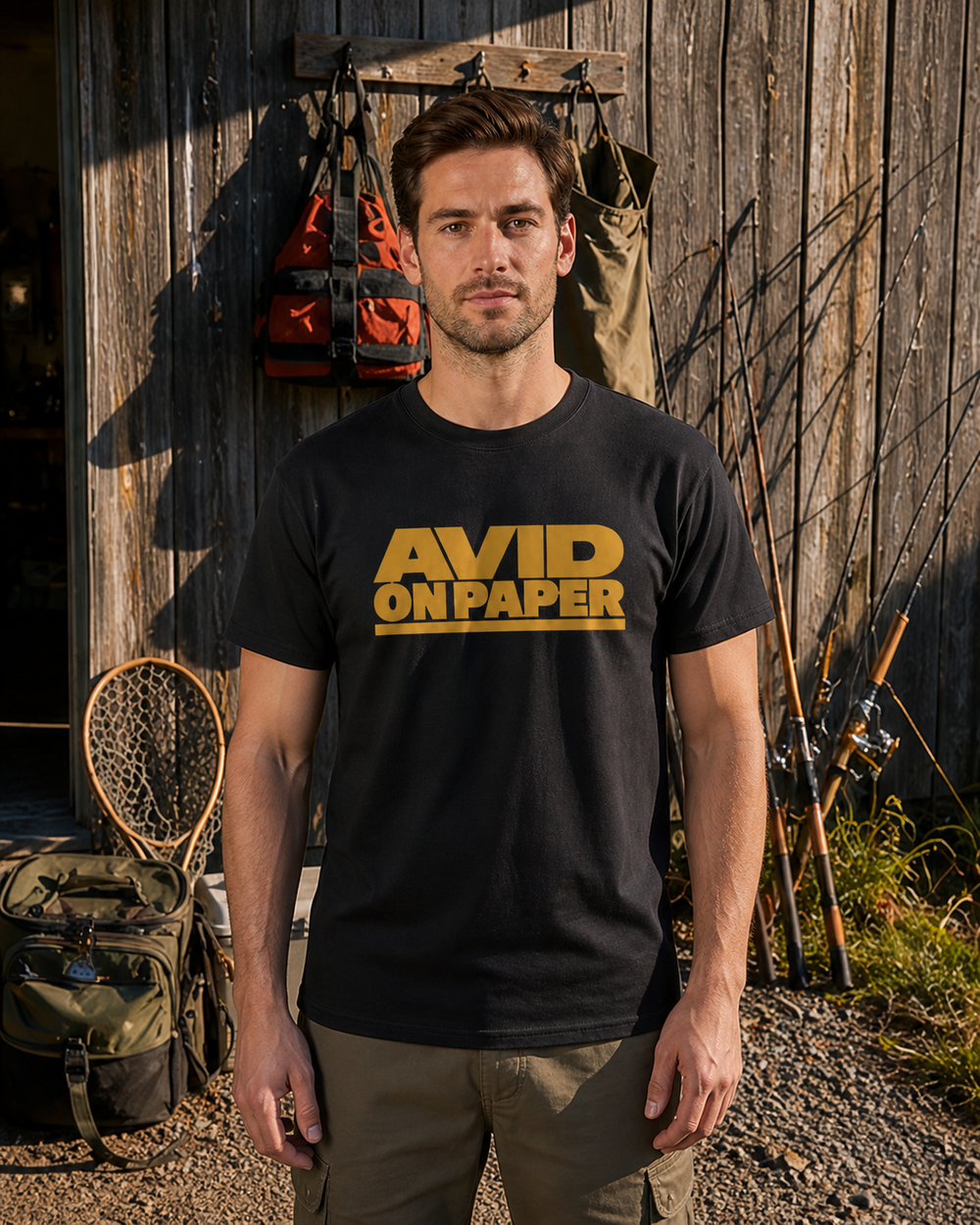 Avid On Paper — Heavy Type tee — black, worn, front