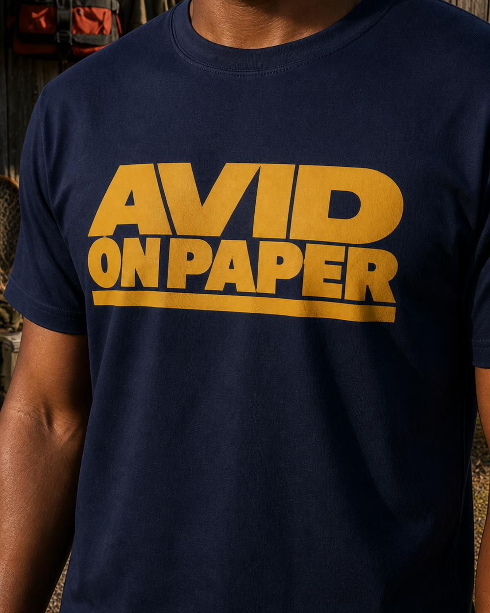 Avid On Paper — Heavy Type tee — navy, worn, side