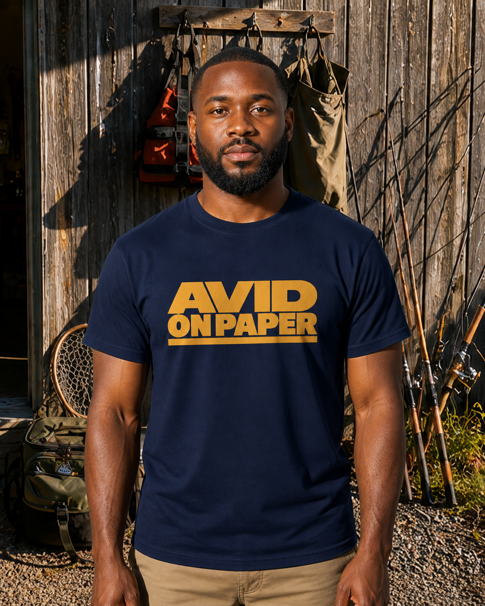 Avid On Paper — Heavy Type tee — navy, worn, front
