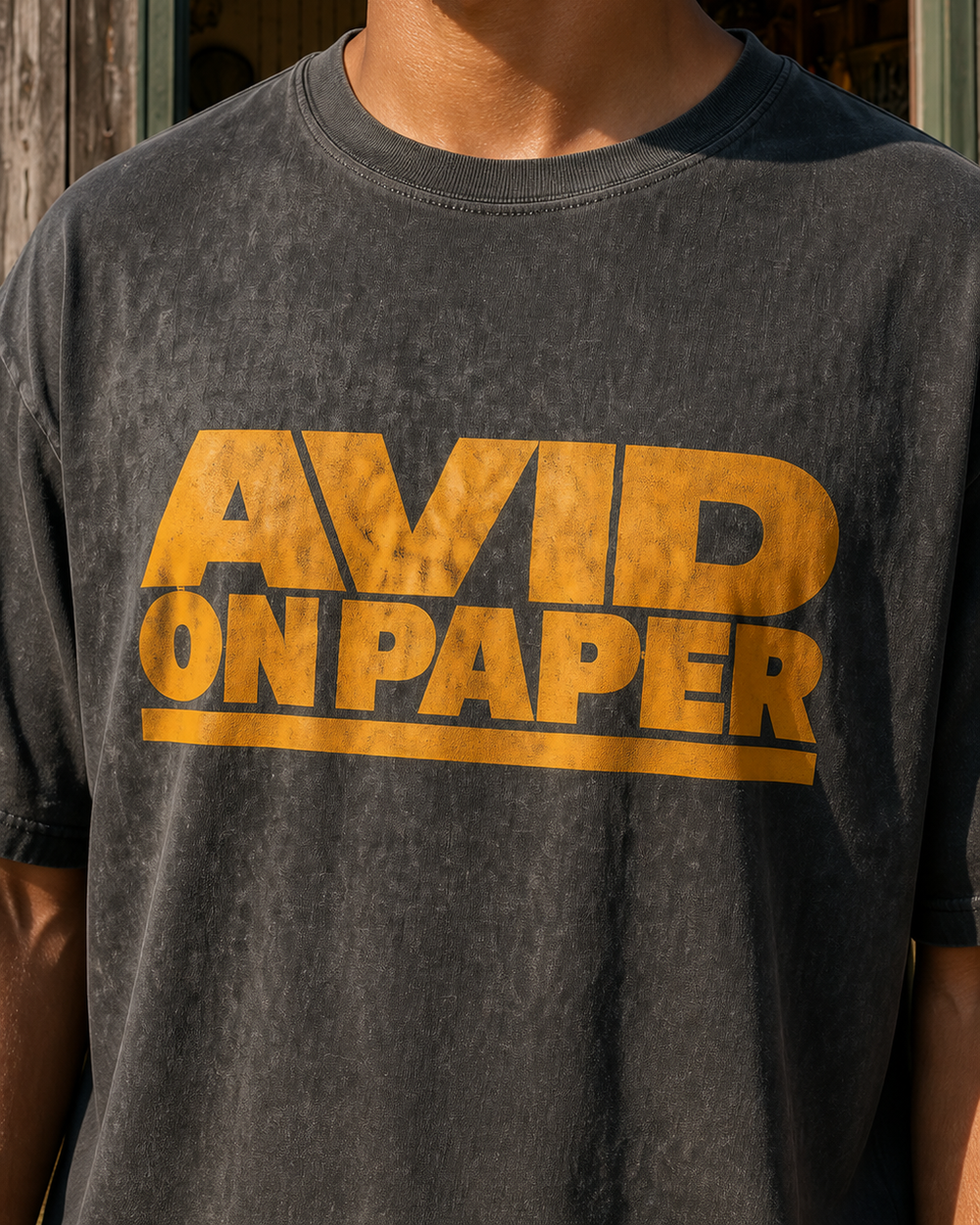 Avid On Paper — Heavy Type washed tee — washed black, worn, side