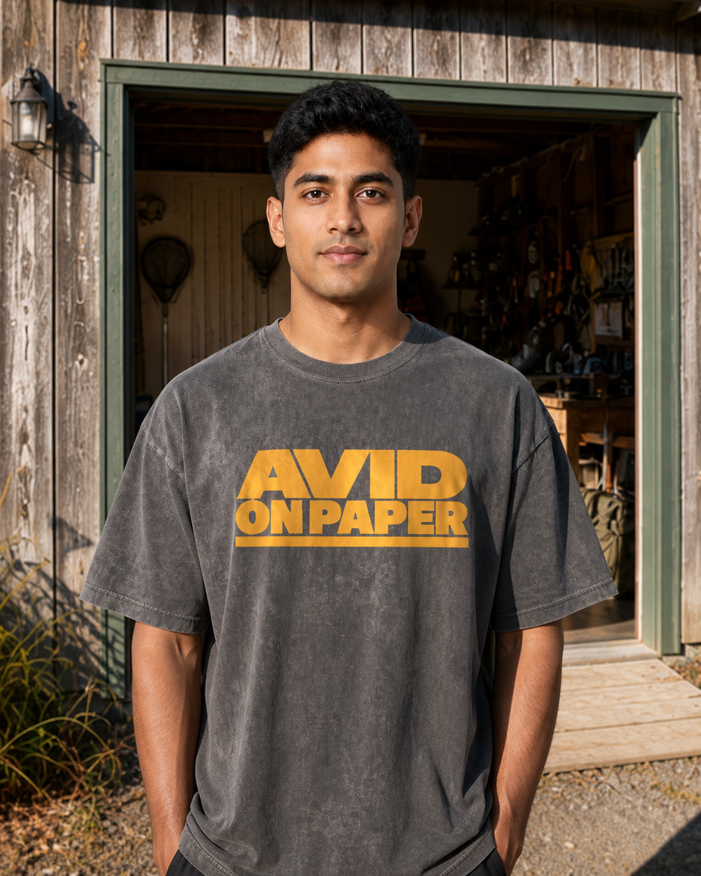 Avid On Paper — Heavy Type washed tee — washed black, worn, front
