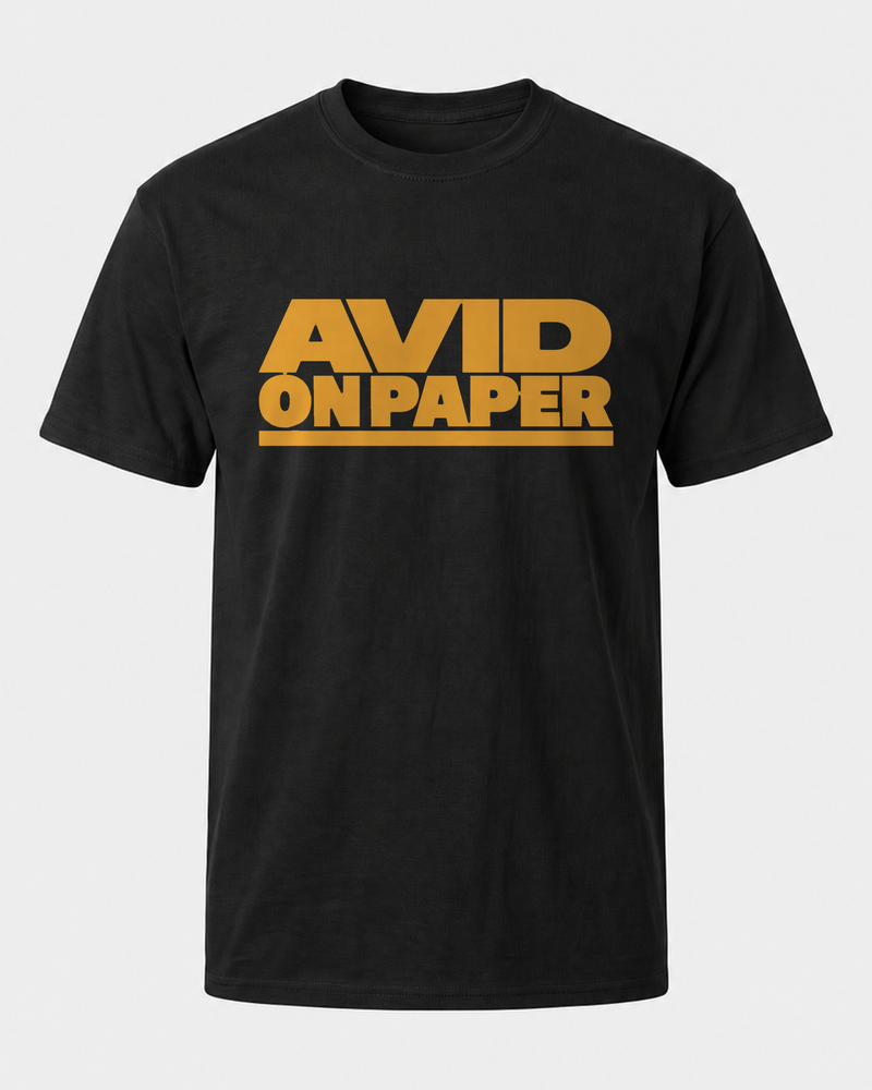 Avid On Paper — Heavy Type tee — black, front
