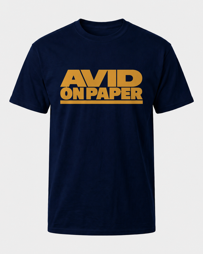 Avid On Paper — Heavy Type tee — navy, front