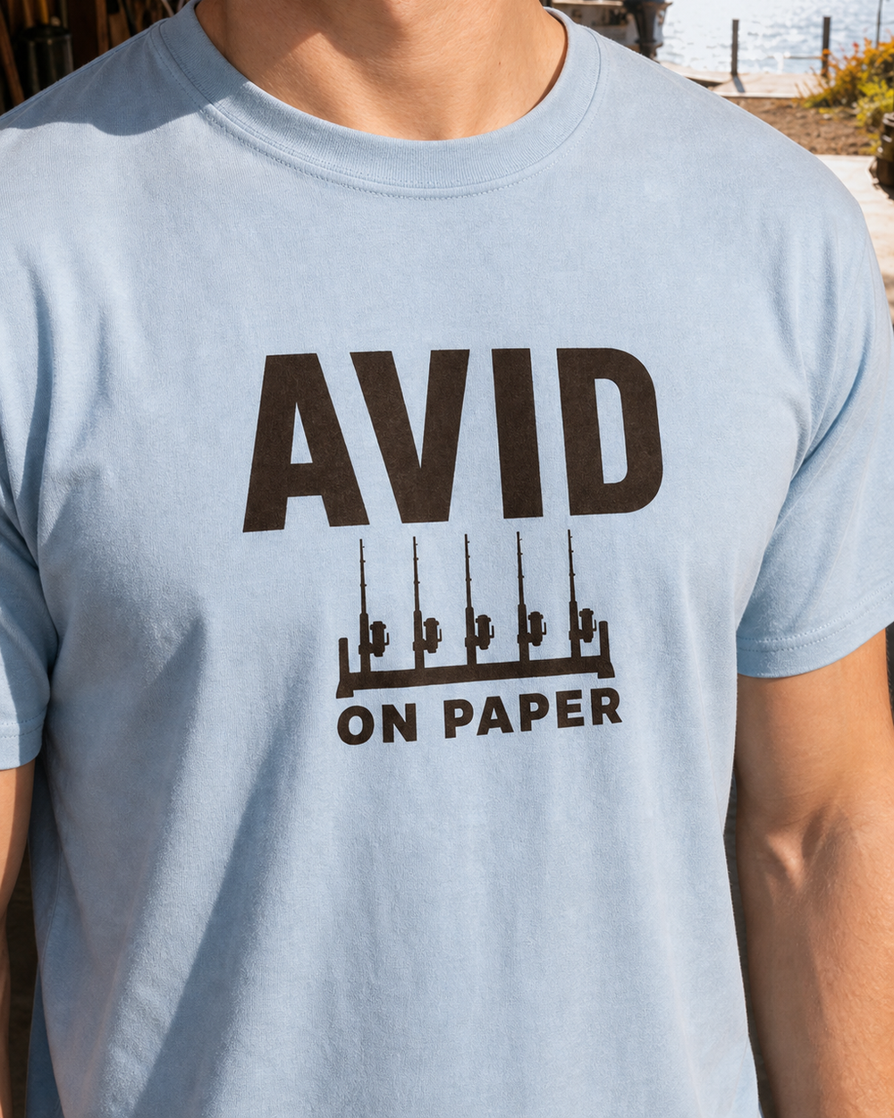 Avid On Paper Bold tee — light blue, worn, side