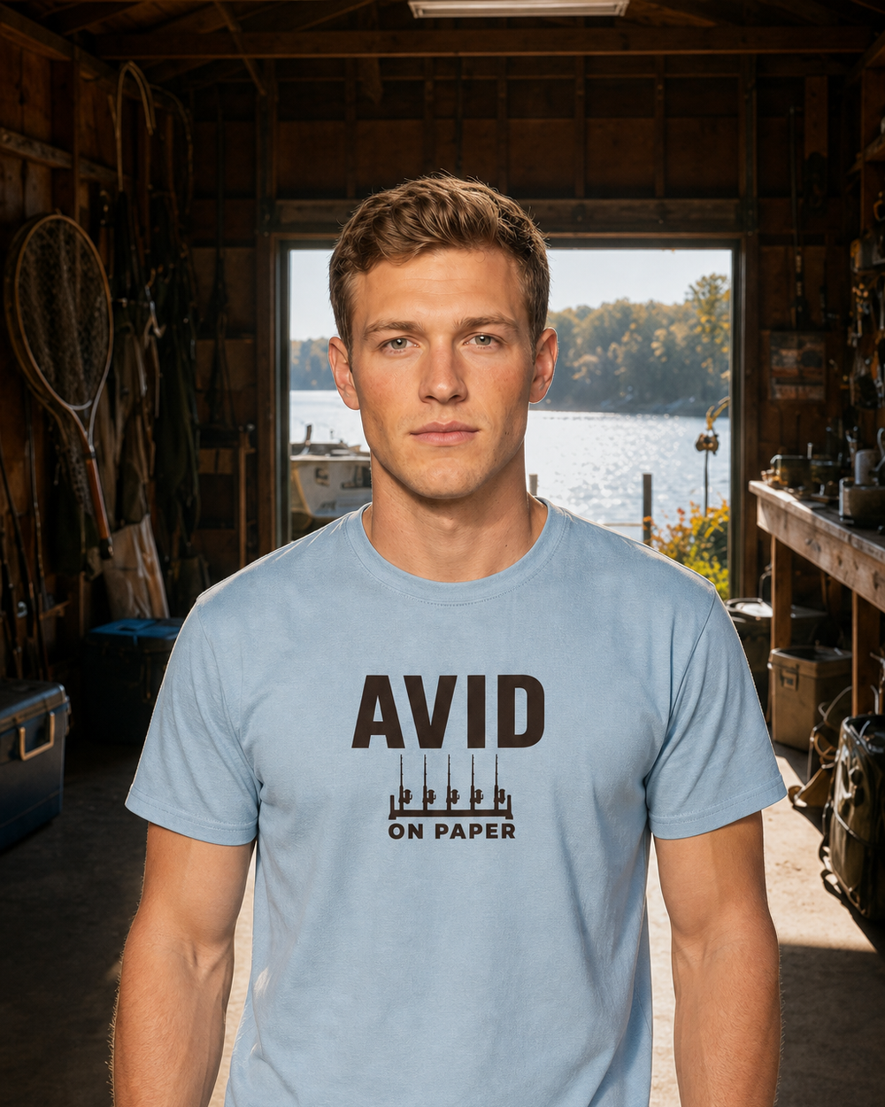 Avid On Paper Bold tee — light blue, worn, front