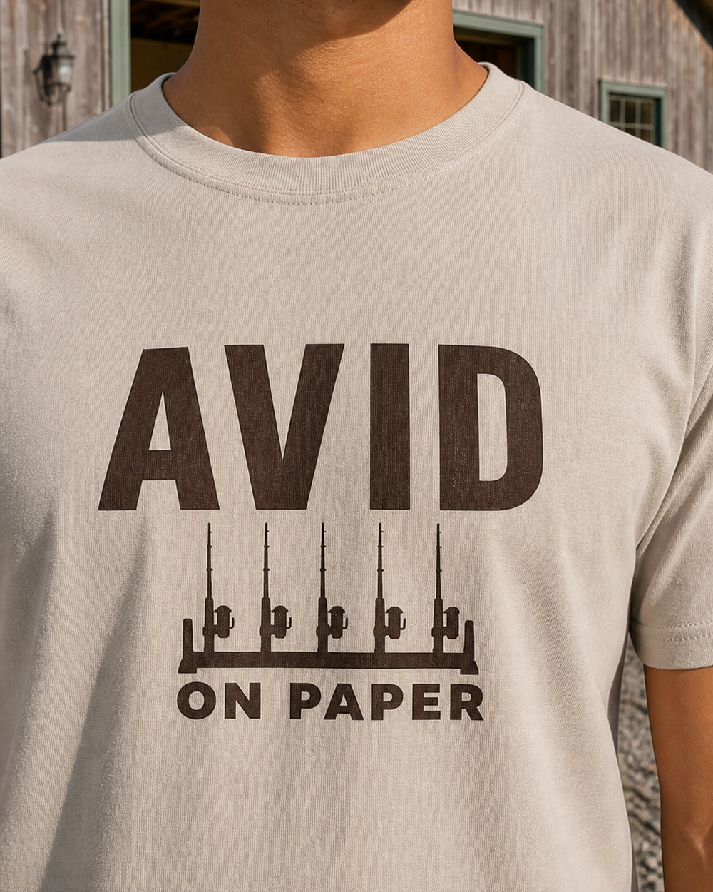 Avid On Paper Bold tee — sand, worn, side