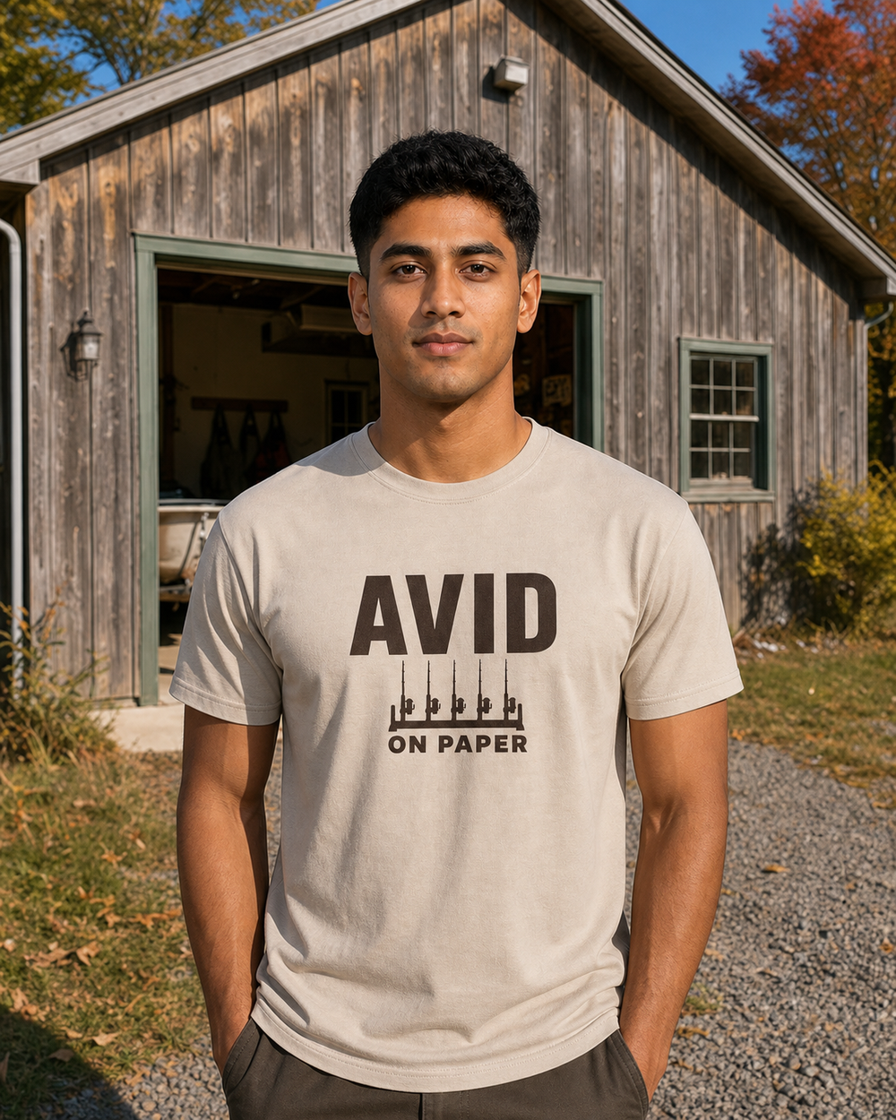 Avid On Paper Bold tee — sand, worn, front