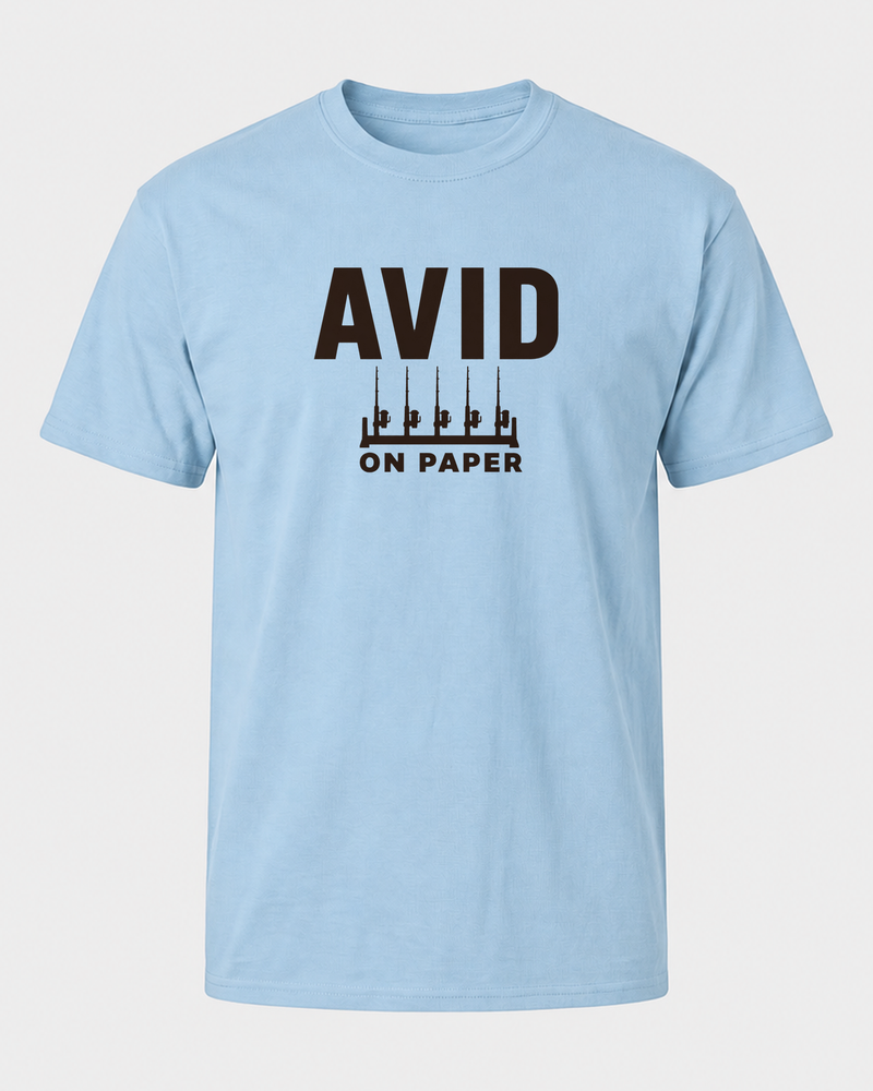 Avid On Paper Bold tee — light blue, front