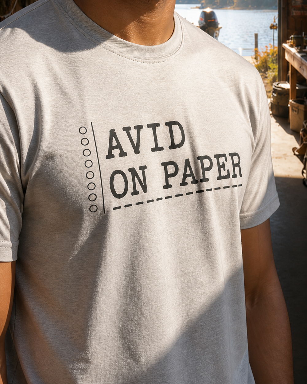 Avid On Paper tee — sports grey, worn, side