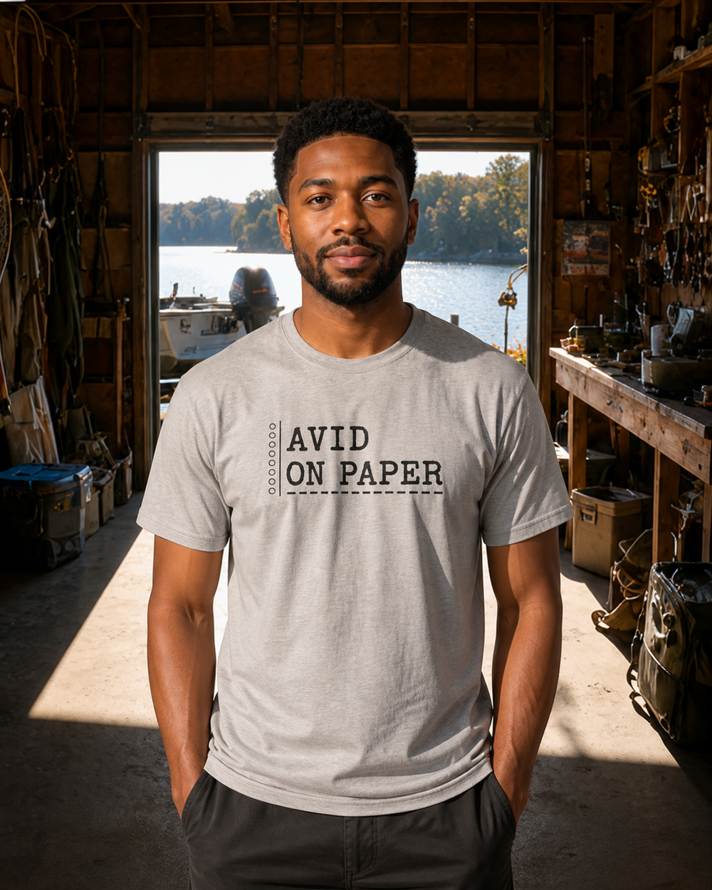 Avid On Paper tee — sports grey, worn, front