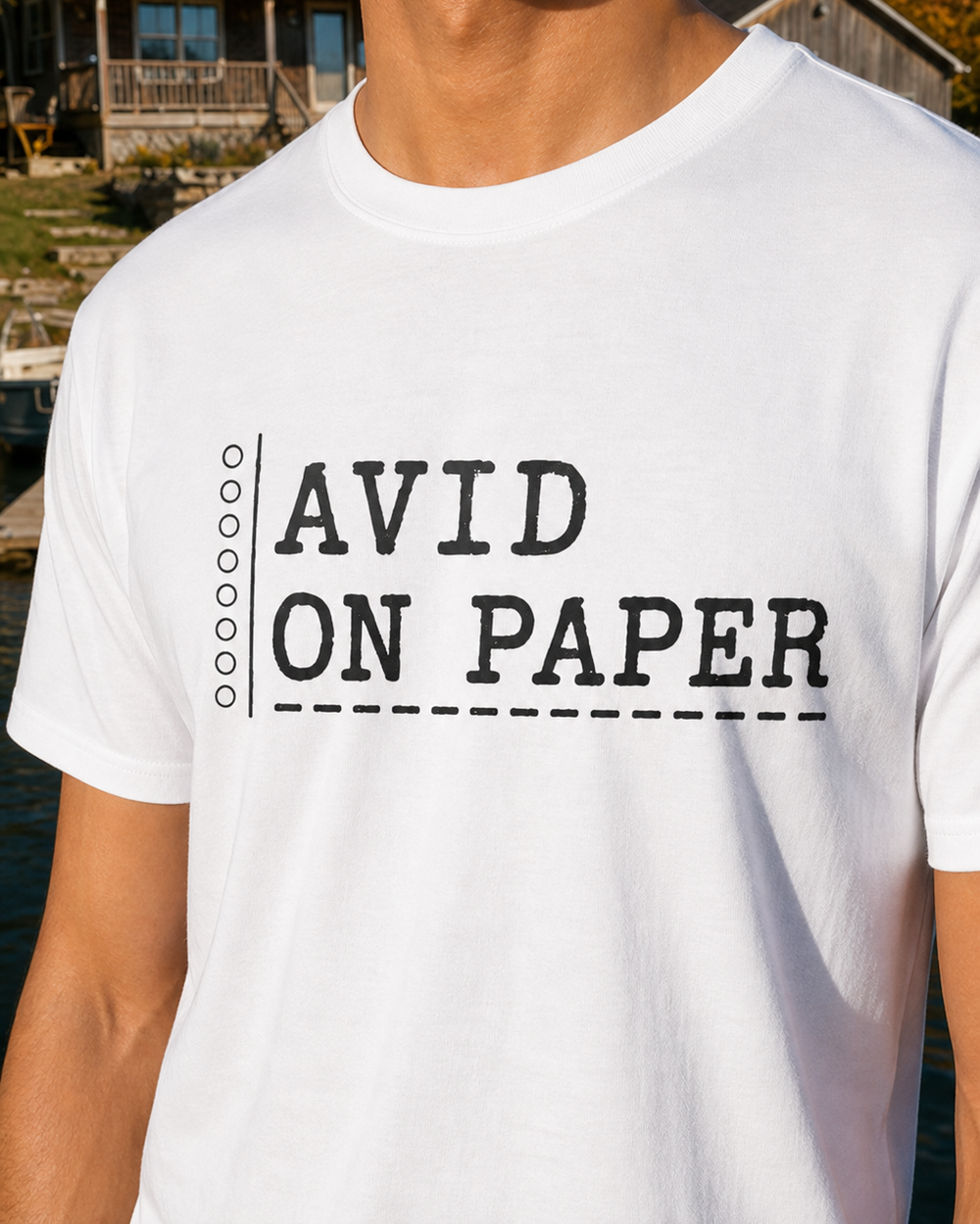 Avid On Paper tee — worn, side