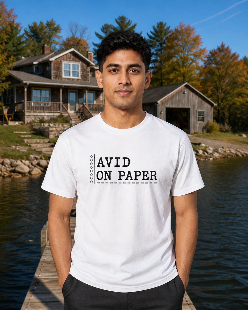 Avid On Paper tee — worn, front