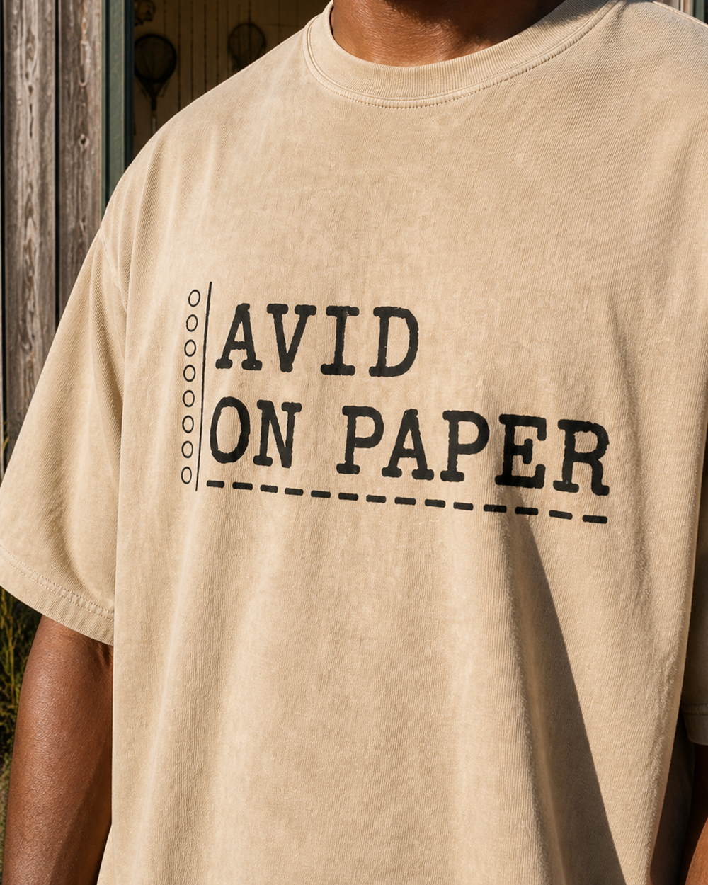 Avid On Paper washed tee — washed bone, worn, side