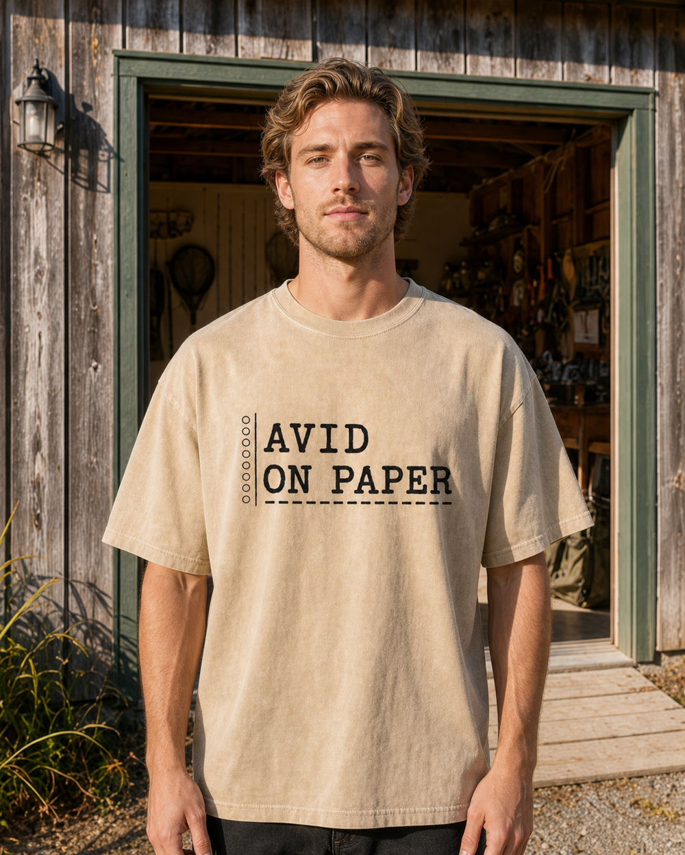 Avid On Paper washed tee — washed bone, worn, front