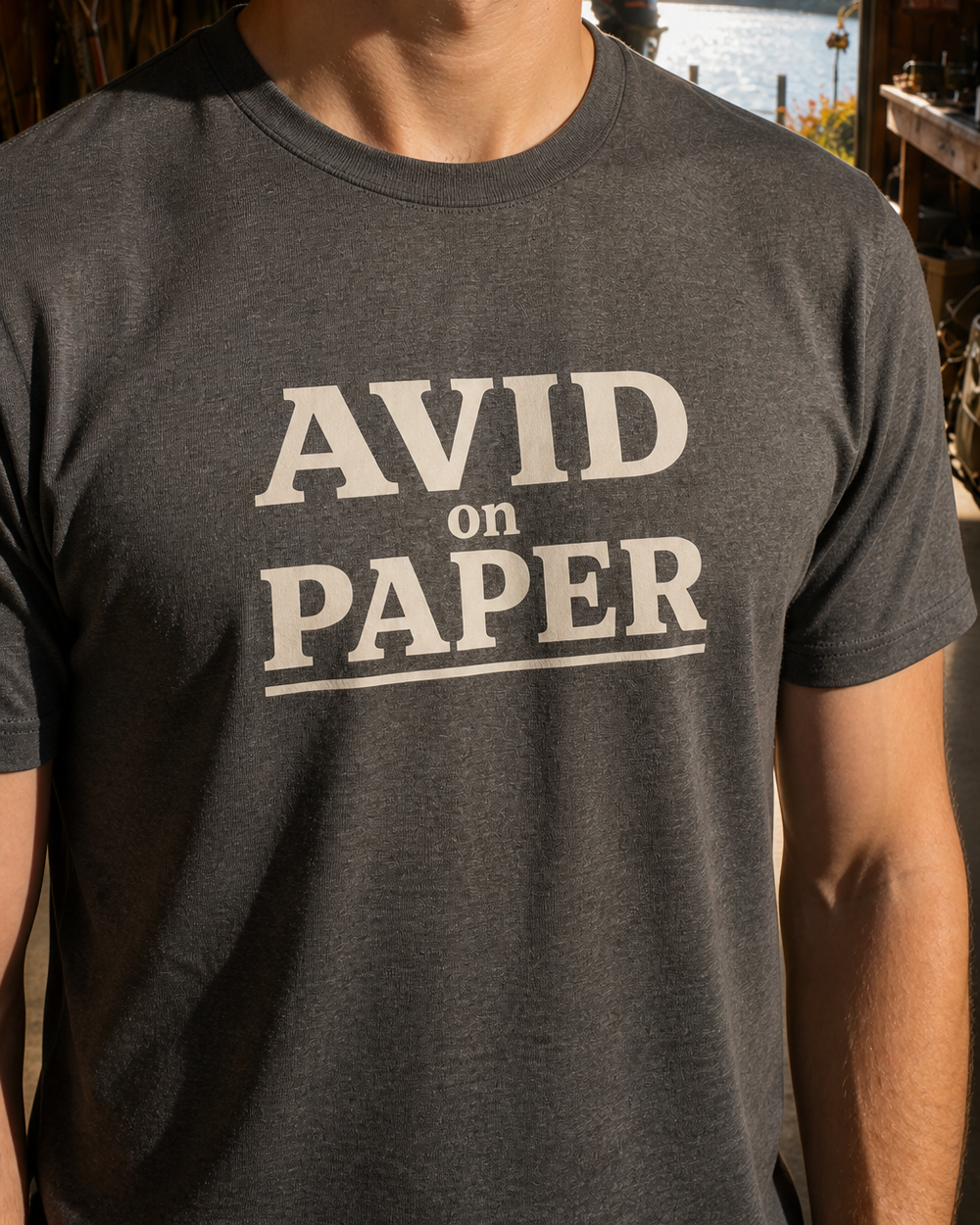 Avid On Paper Stacked tee — dark heather, worn, side