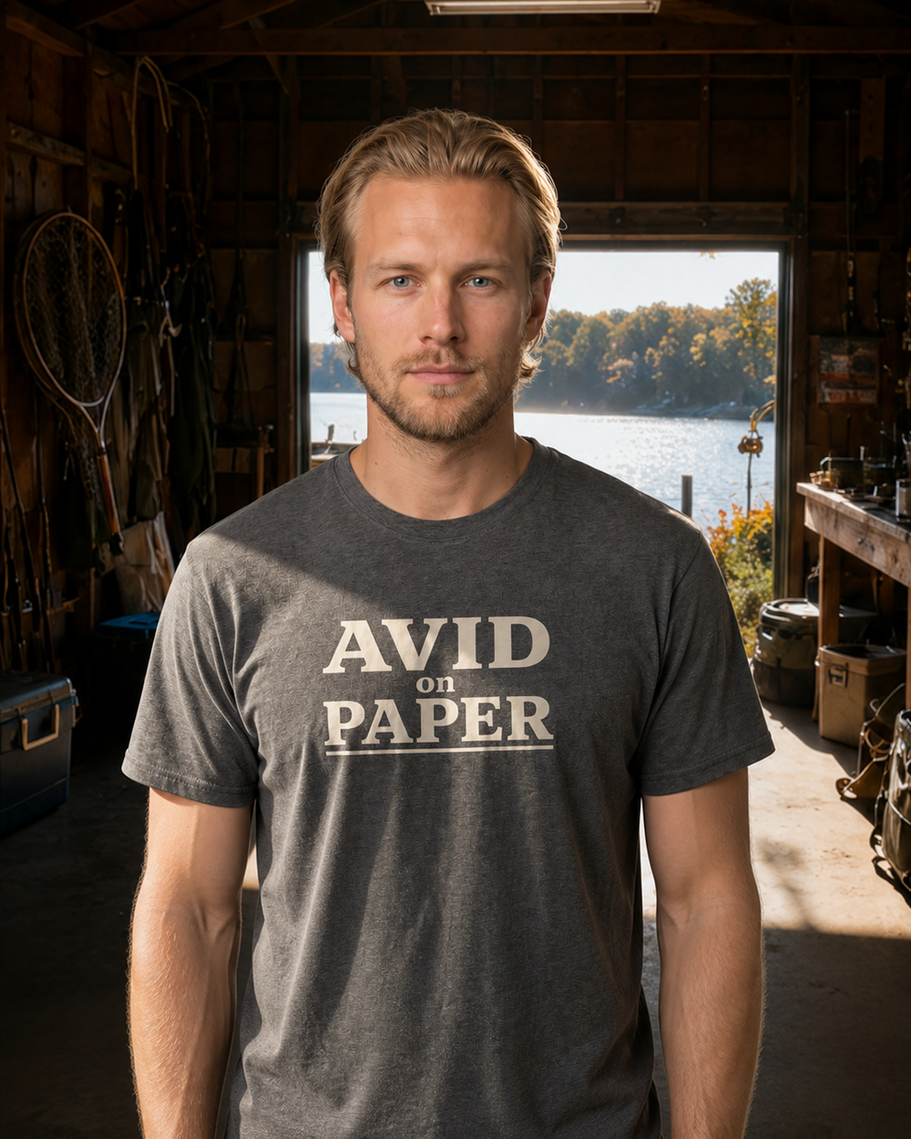 Avid On Paper Stacked tee — dark heather, worn, front