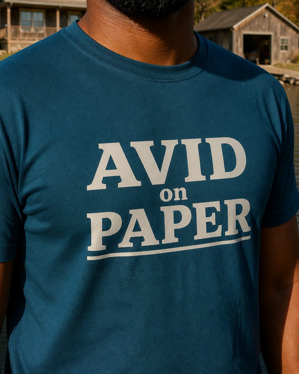 Avid On Paper Stacked tee — midnight navy, worn, side