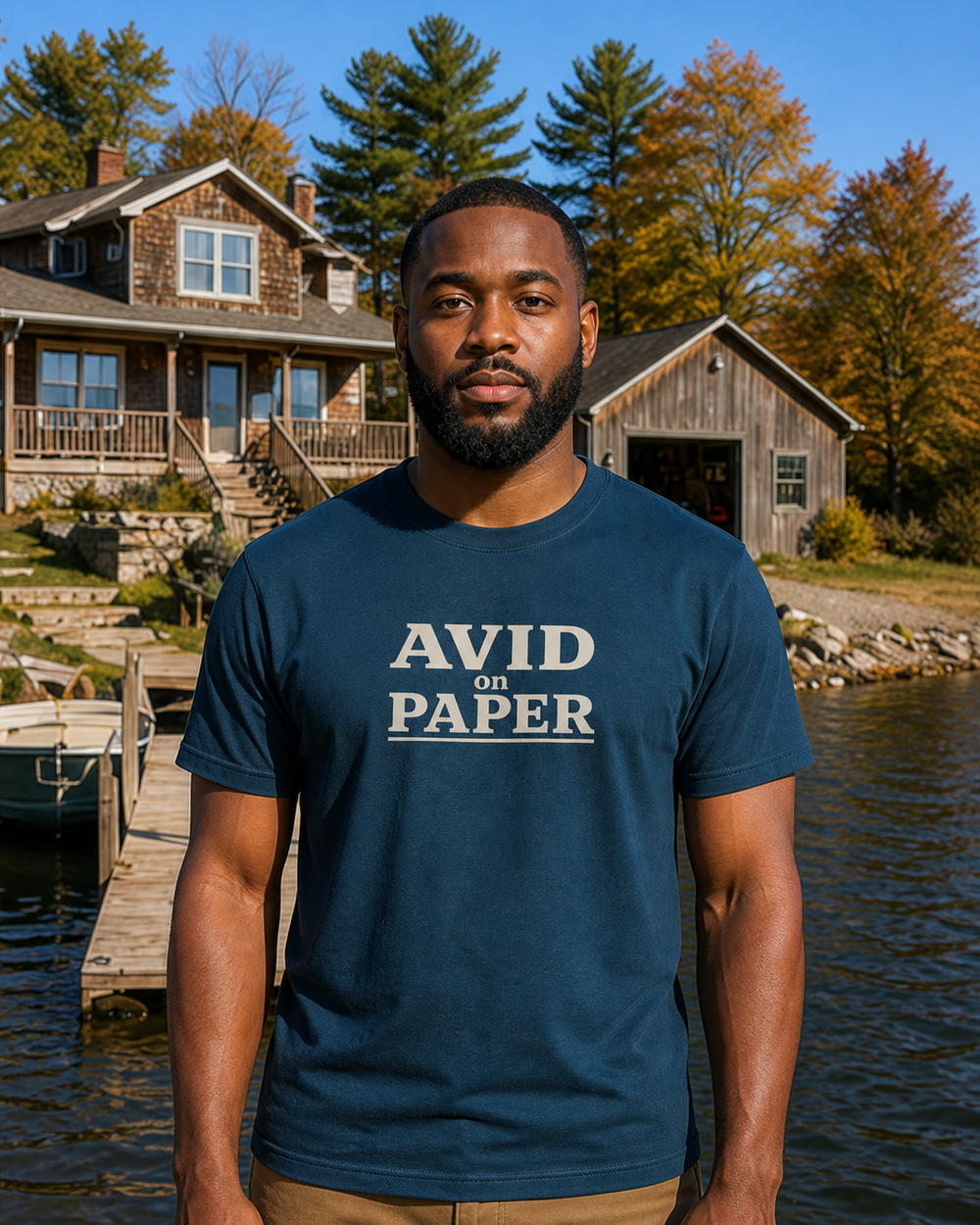 Avid On Paper Stacked tee — midnight navy, worn, front