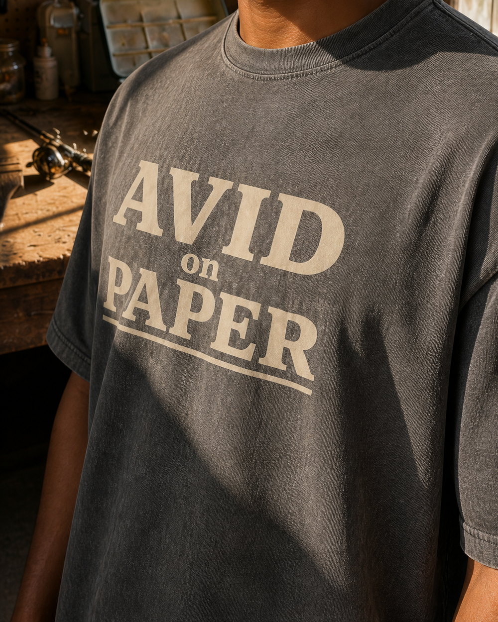 Avid On Paper Stacked washed tee — washed black, worn, side