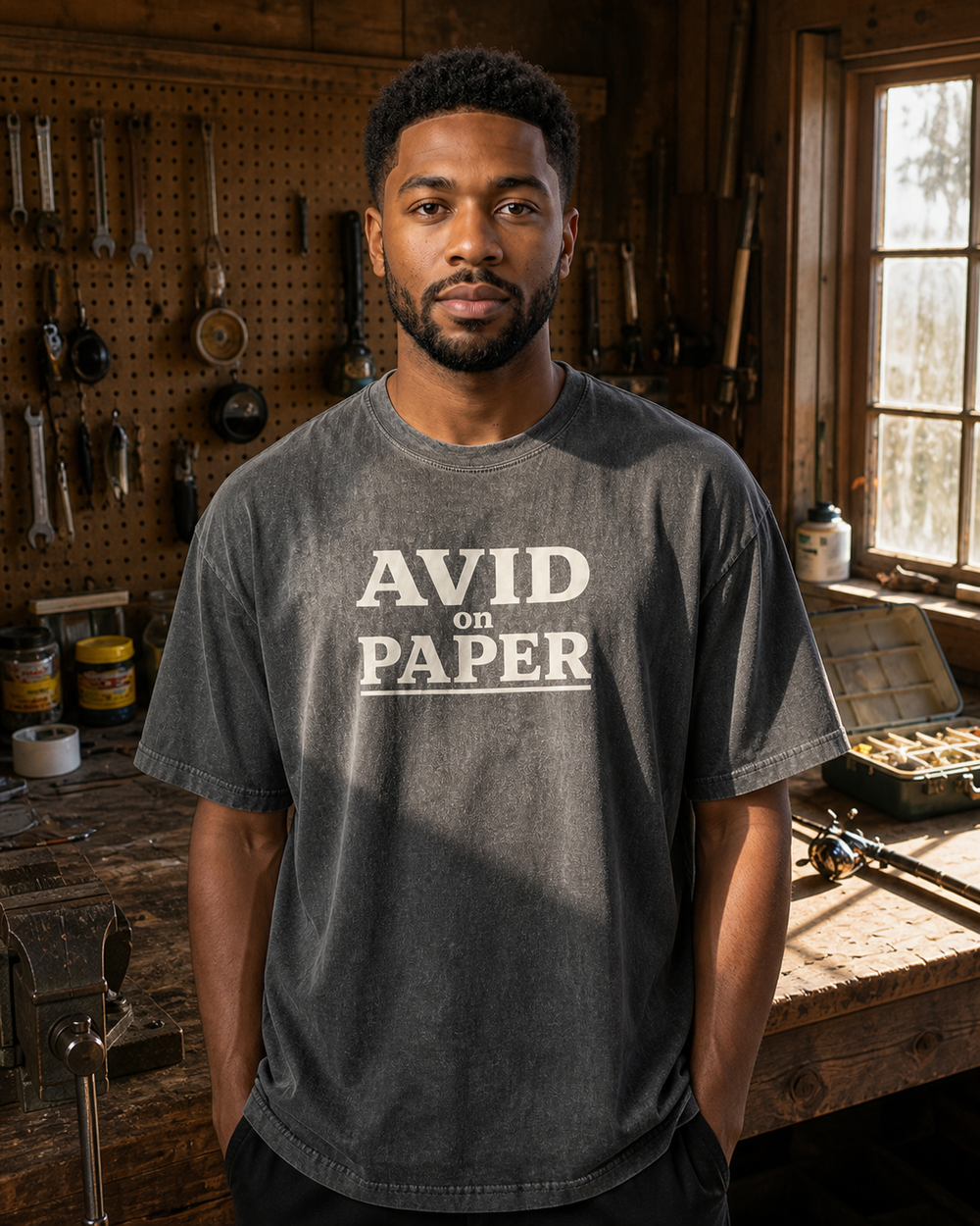 Avid On Paper Stacked washed tee — washed black, worn, front