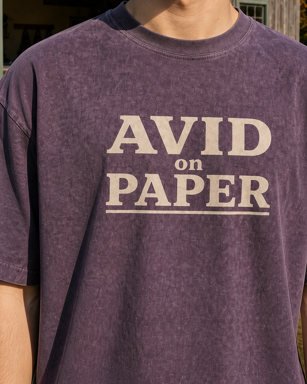 Avid On Paper Stacked washed tee — washed violet, worn, side