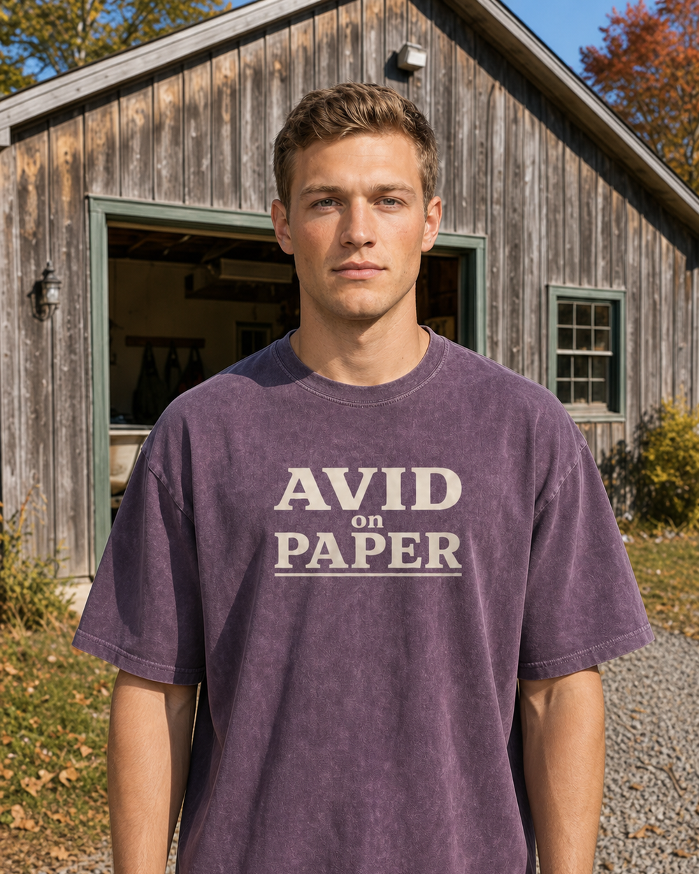 Avid On Paper Stacked washed tee — washed violet, worn, front