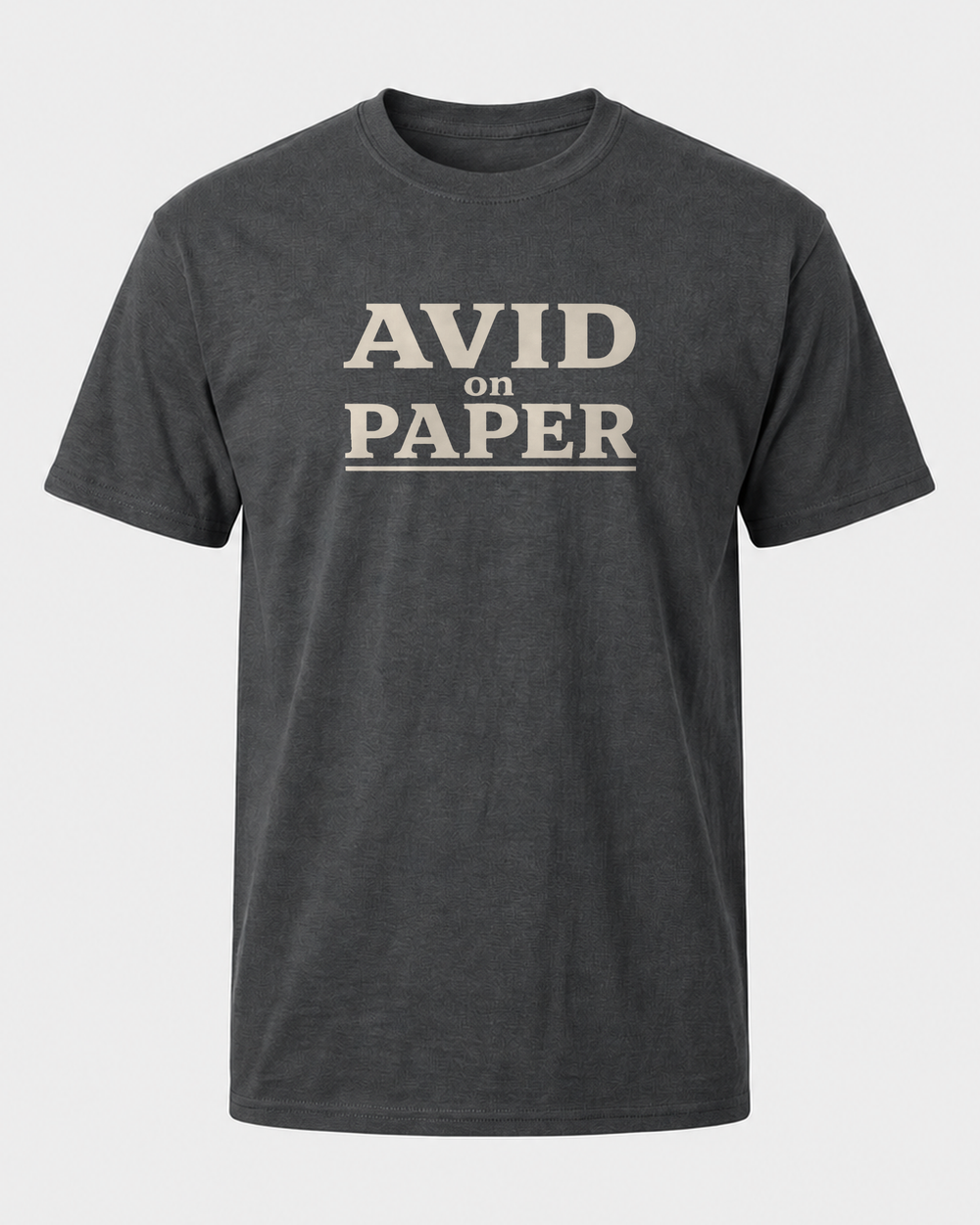 Avid On Paper Stacked tee — dark heather, front